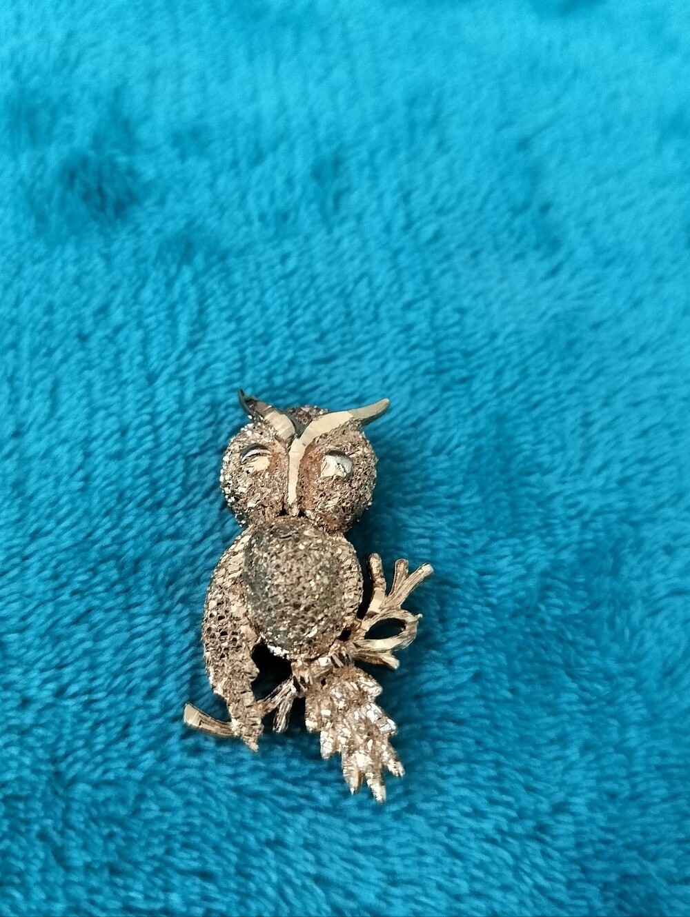 Vintage 1960s Textured Gold Tone Owl Brooch Mid-Century Figural Owl Branch Pin